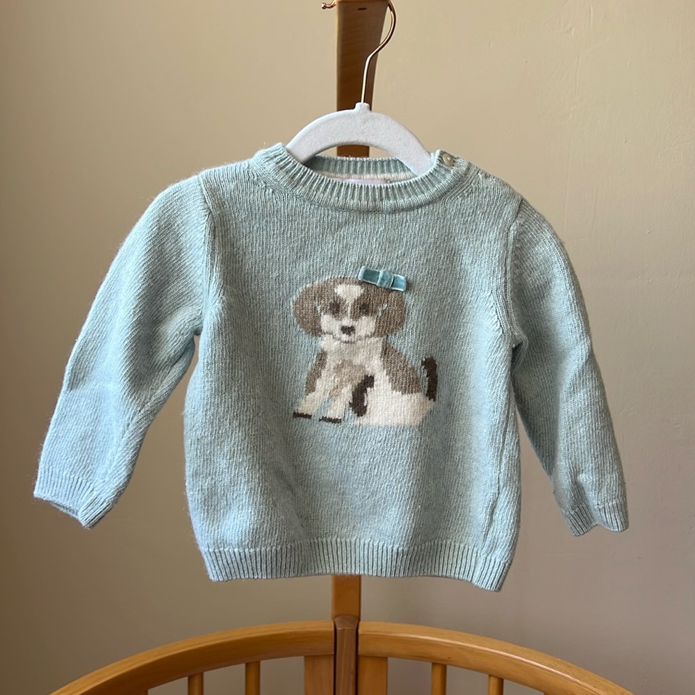 Trotters ice green merino wool and cashmere sweater with dog, size 18-24m